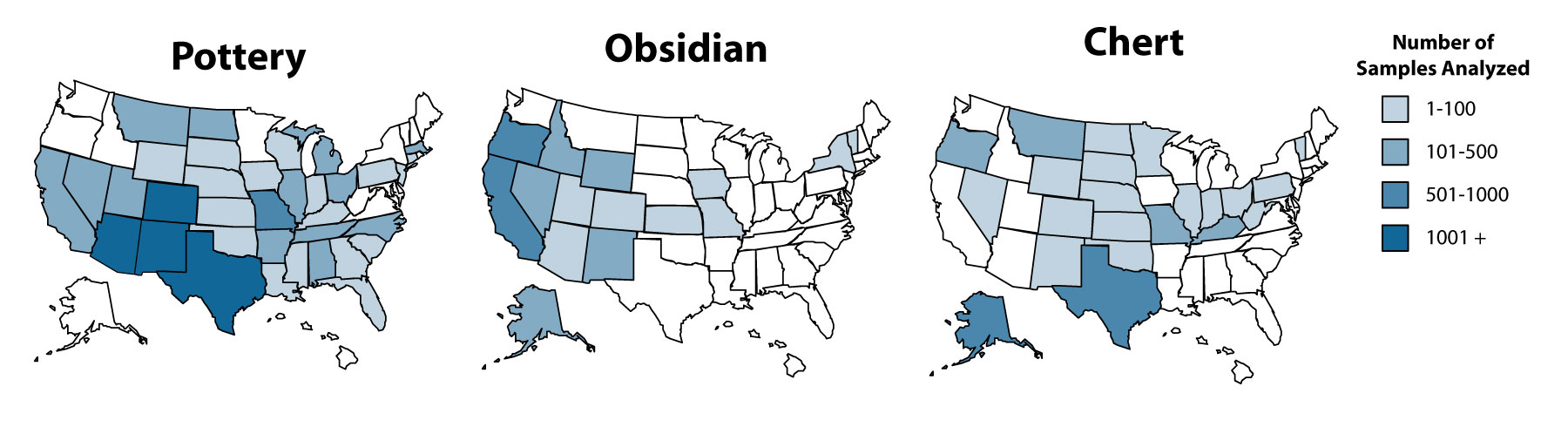 [Locations and quantities of U.S. archaeological samples analyzed by the Archaeometry Laboratory]