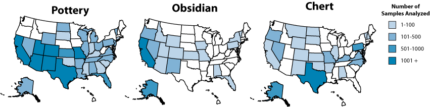 [Locations and quantities of U.S. archaeological samples analyzed by the Archaeometry Laboratory]
